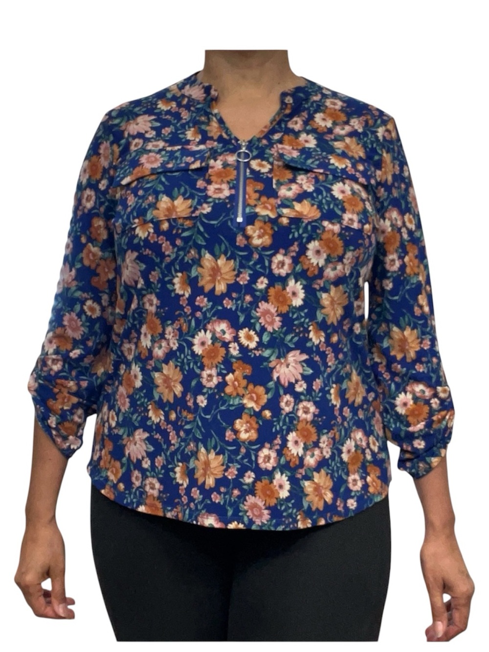 Cure. Women’s Floral Print Front Zipper V-Neck Henley Roll-Tap Sleeve Top Size M